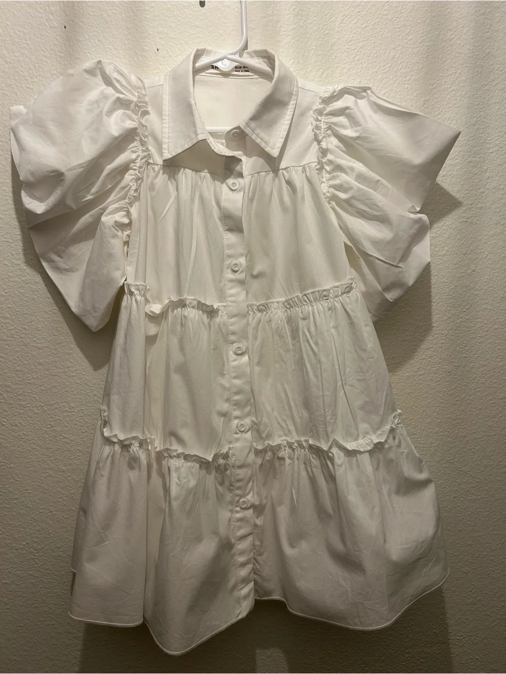 SHEIN White Ruffle Tiered Button-Front Dress with Puff Sleeves